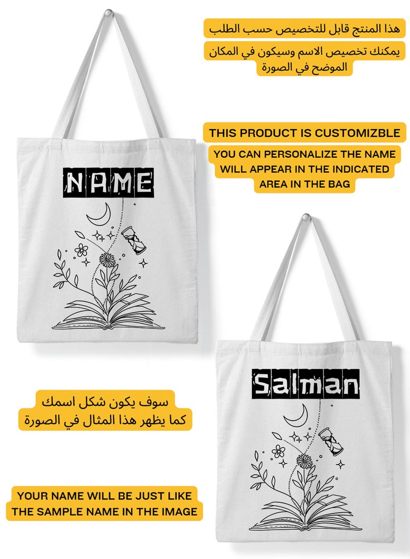 LOWHA Customizable Polyester Tote Bag with Shoulder Straps Personalized with School Student's Name and Flourishing Book Design White  - Image 2