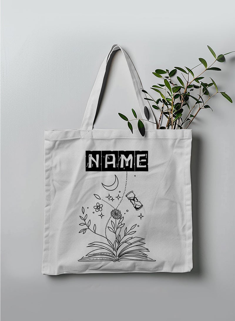 LOWHA Customizable Polyester Tote Bag with Shoulder Straps Personalized with School Student's Name and Flourishing Book Design White  - Image 3