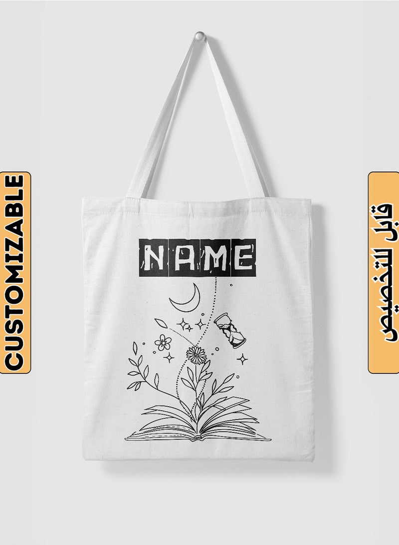 LOWHA Customizable Polyester Tote Bag with Shoulder Straps Personalized with School Student's Name and Flourishing Book Design White  - Image 1