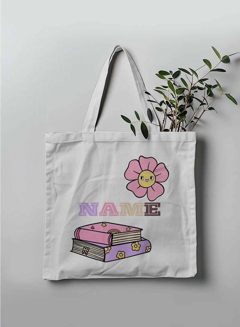 LOWHA - Customizable Polyester Tote Bag with Shoulder Straps Personalized with School Student's Name and Books with a Flower Design White - Image 1