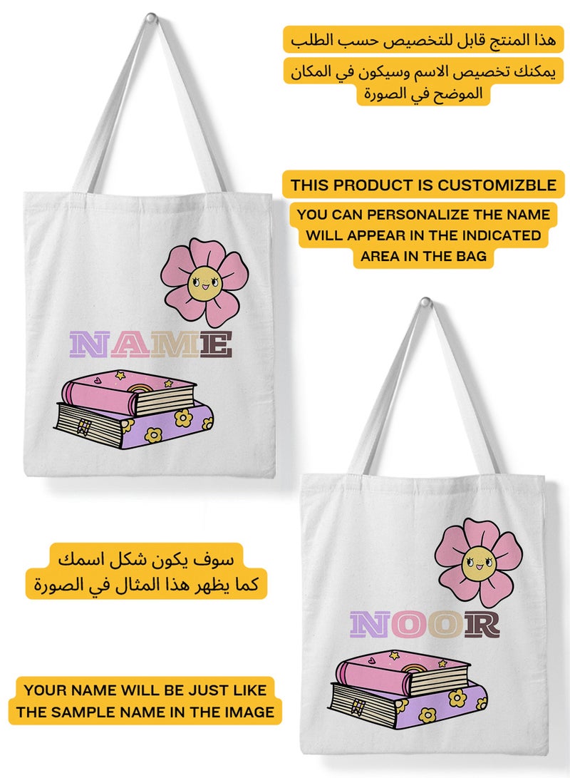 LOWHA - Customizable Polyester Tote Bag with Shoulder Straps Personalized with School Student's Name and Books with a Flower Design White - Image 1
