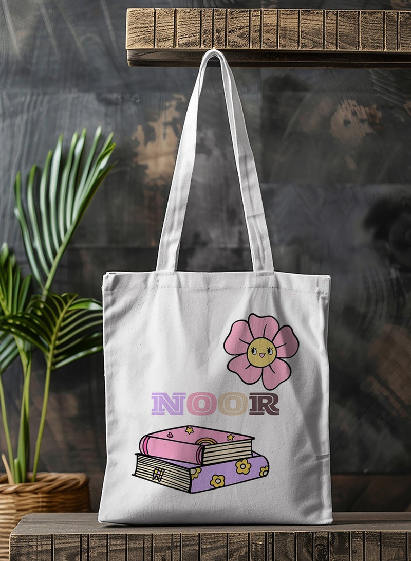 LOWHA - Customizable Polyester Tote Bag with Shoulder Straps Personalized with School Student's Name and Books with a Flower Design White - Image 1