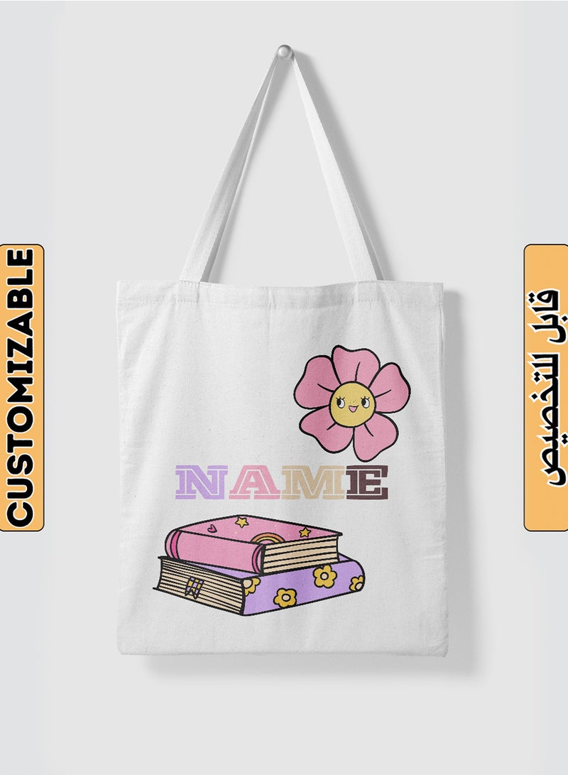 LOWHA - Customizable Polyester Tote Bag with Shoulder Straps Personalized with School Student's Name and Books with a Flower Design White - Image 1