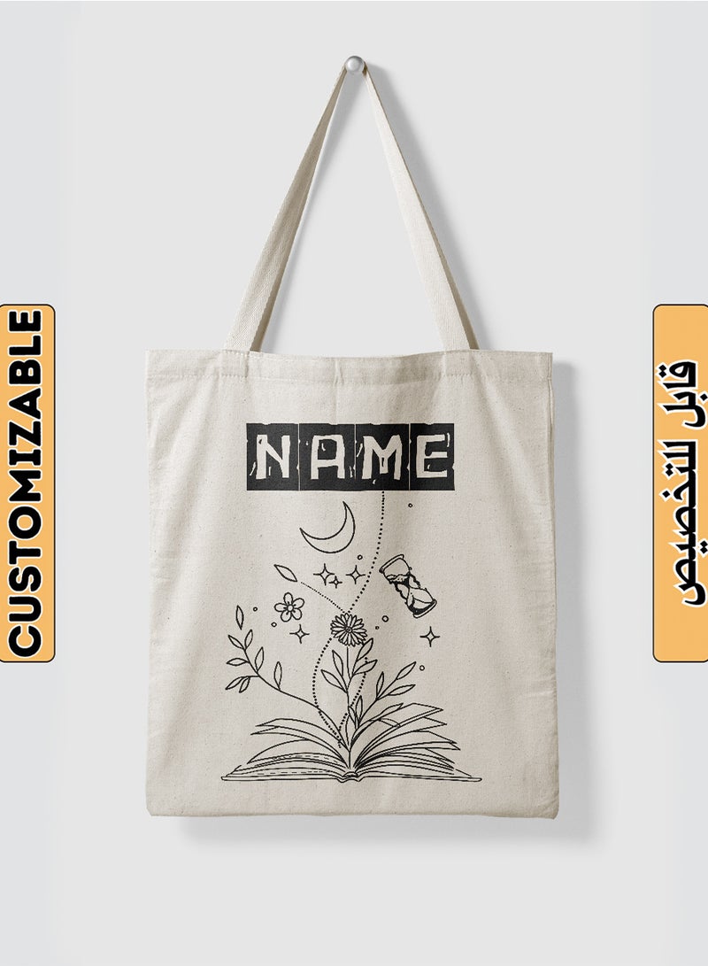 LOWHA Customizable Polyester Tote Bag with Shoulder Straps Personalized with School Student's Name and Flourishing Book Design Beige  - Image 1