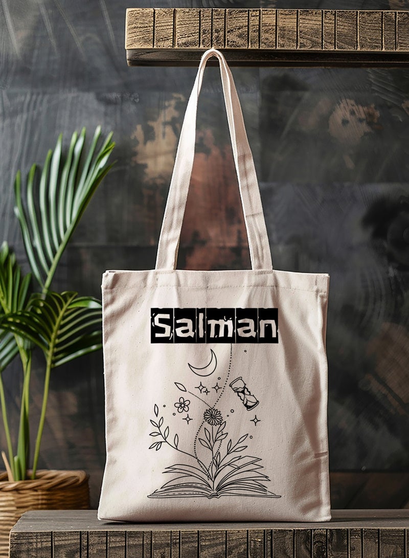 LOWHA Customizable Polyester Tote Bag with Shoulder Straps Personalized with School Student's Name and Flourishing Book Design Beige  - Image 4