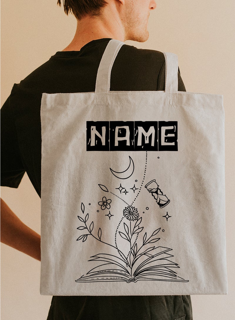 LOWHA Customizable Polyester Tote Bag with Shoulder Straps Personalized with School Student's Name and Flourishing Book Design Beige  - Image 5