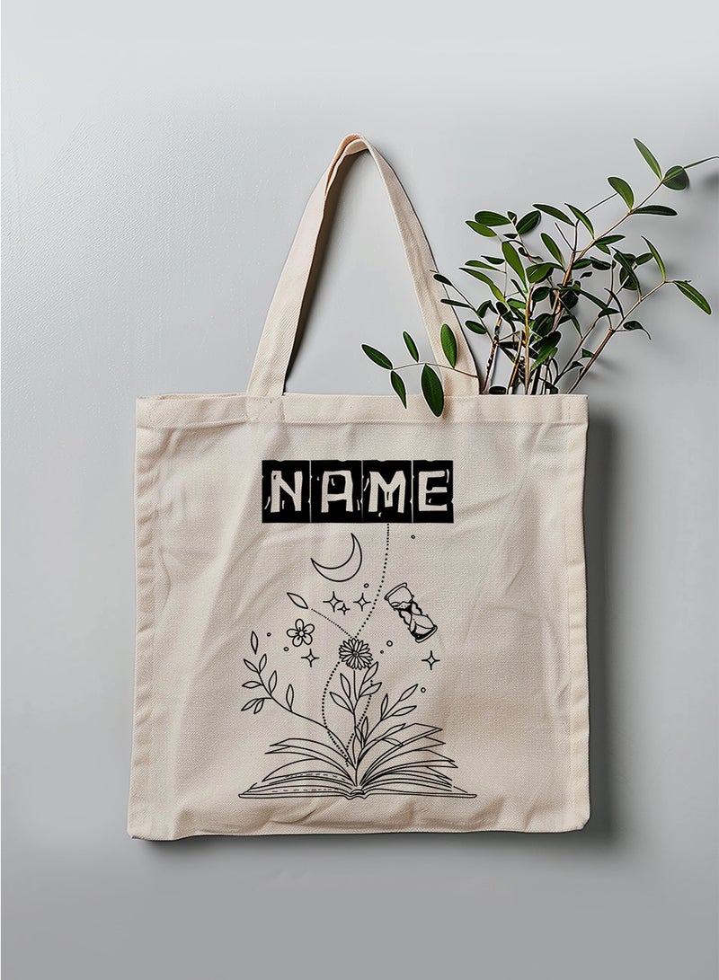 LOWHA Customizable Polyester Tote Bag with Shoulder Straps Personalized with School Student's Name and Flourishing Book Design Beige  - Image 3