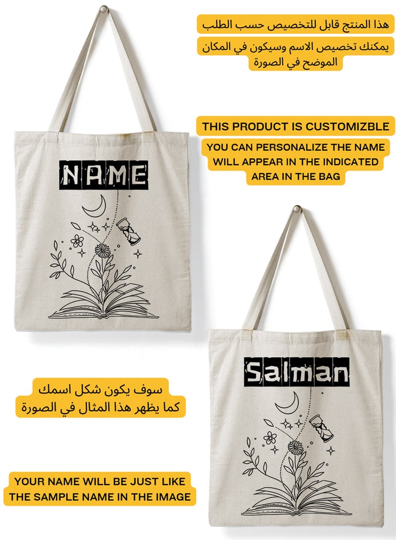 LOWHA Customizable Polyester Tote Bag with Shoulder Straps Personalized with School Student's Name and Flourishing Book Design Beige  - Image 2