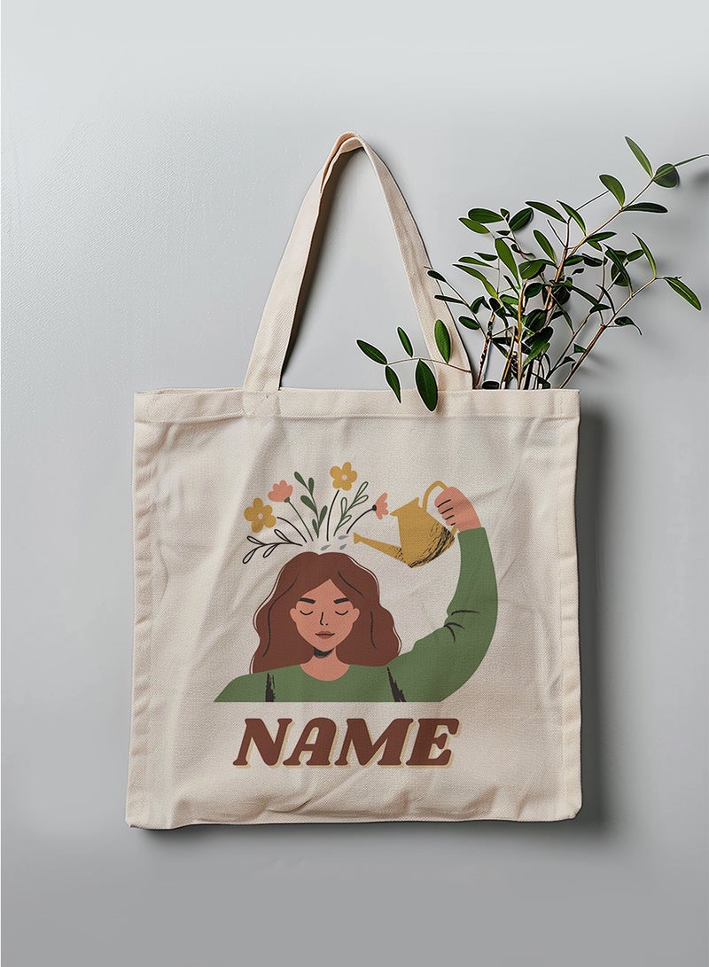 LOWHA Customizable Polyester Tote Bag with Shoulder Straps Personalized with Your Name and Flourishing Mind Girl Design Beige  - Image 3