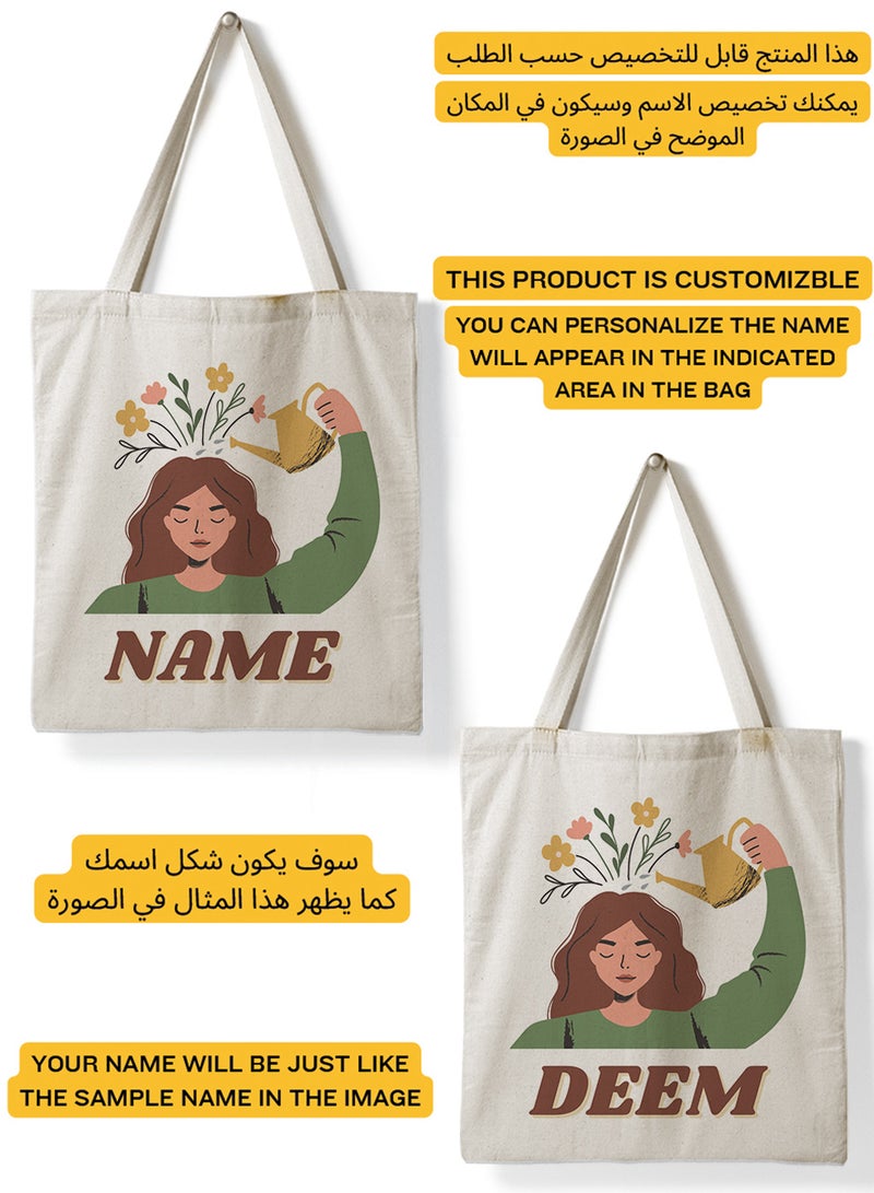 LOWHA Customizable Polyester Tote Bag with Shoulder Straps Personalized with Your Name and Flourishing Mind Girl Design Beige  - Image 2