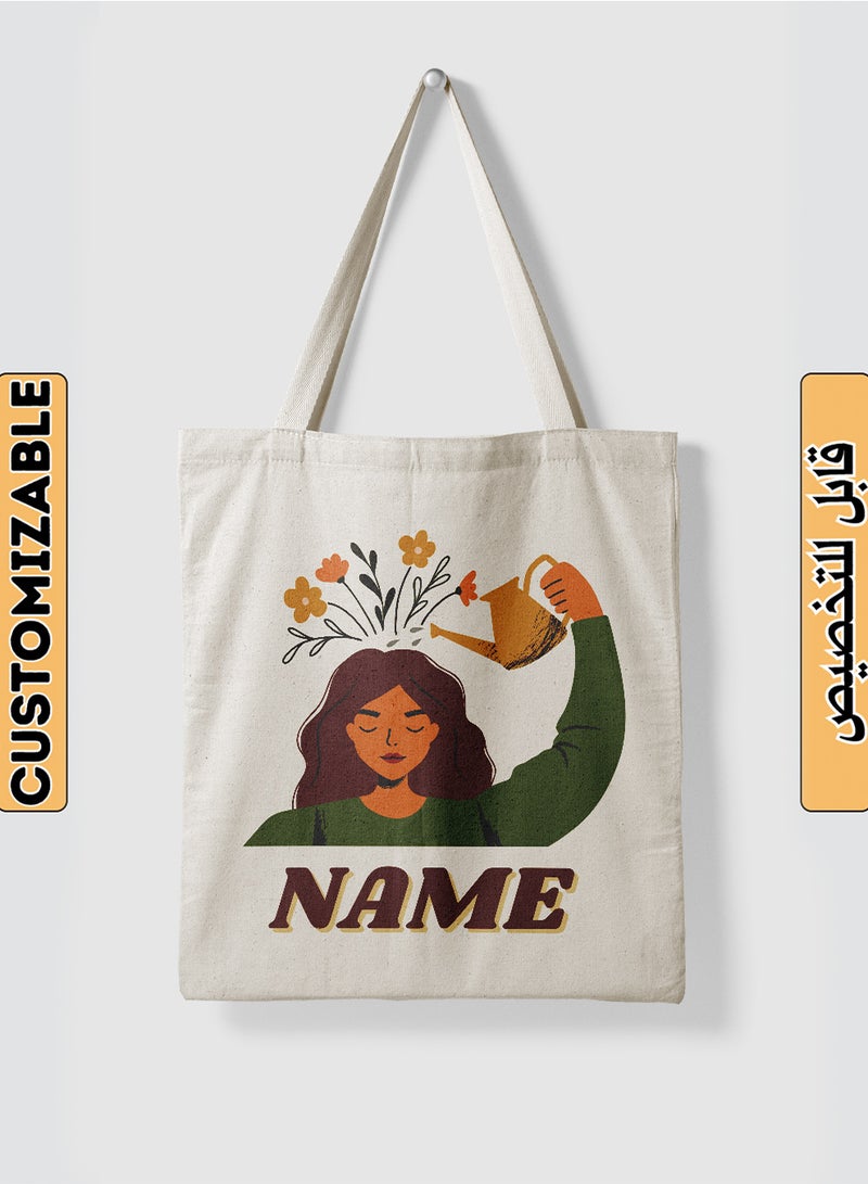 LOWHA Customizable Polyester Tote Bag with Shoulder Straps Personalized with Your Name and Flourishing Mind Girl Design Beige  - Image 1