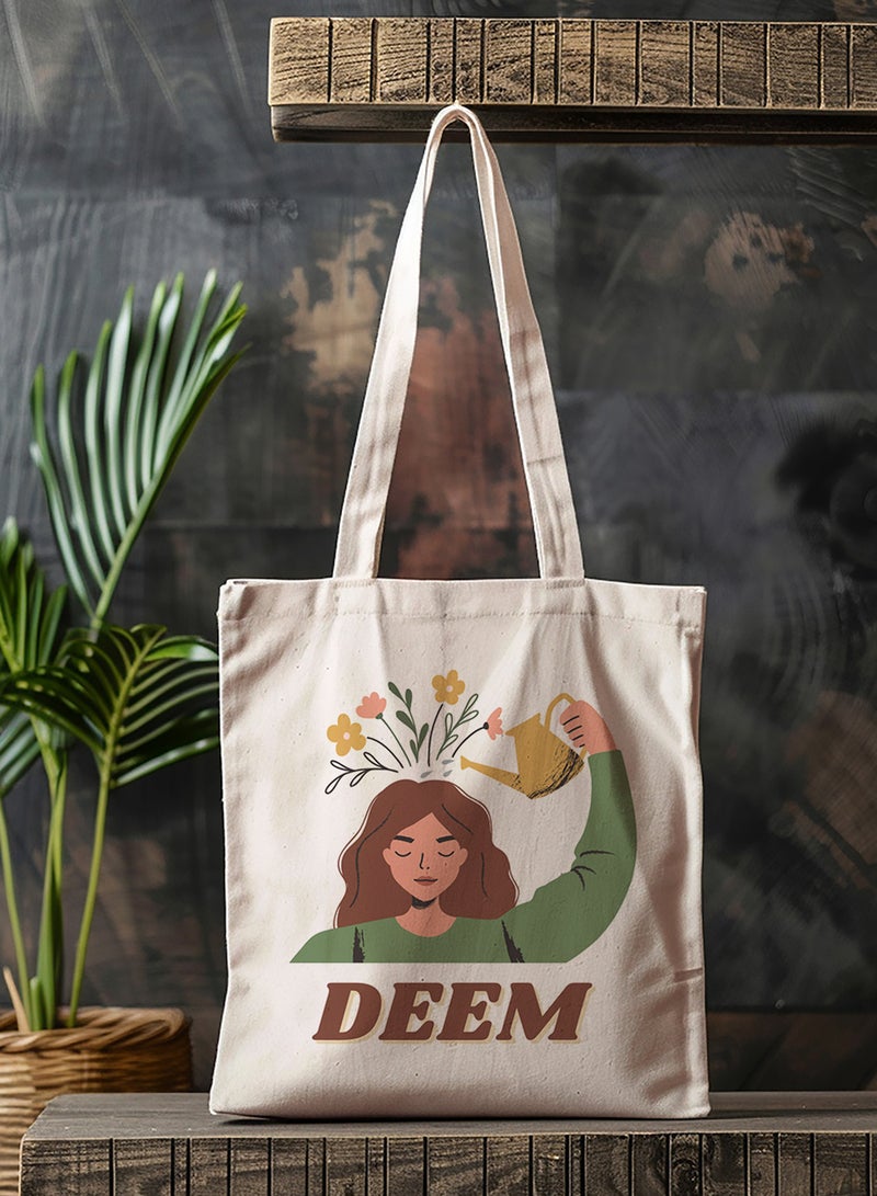 LOWHA Customizable Polyester Tote Bag with Shoulder Straps Personalized with Your Name and Flourishing Mind Girl Design Beige  - Image 4