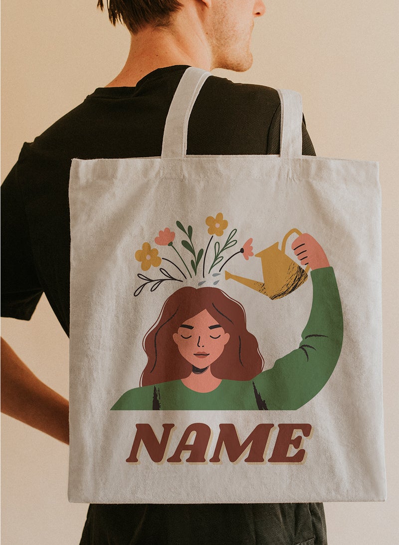 LOWHA Customizable Polyester Tote Bag with Shoulder Straps Personalized with Your Name and Flourishing Mind Girl Design Beige  - Image 5