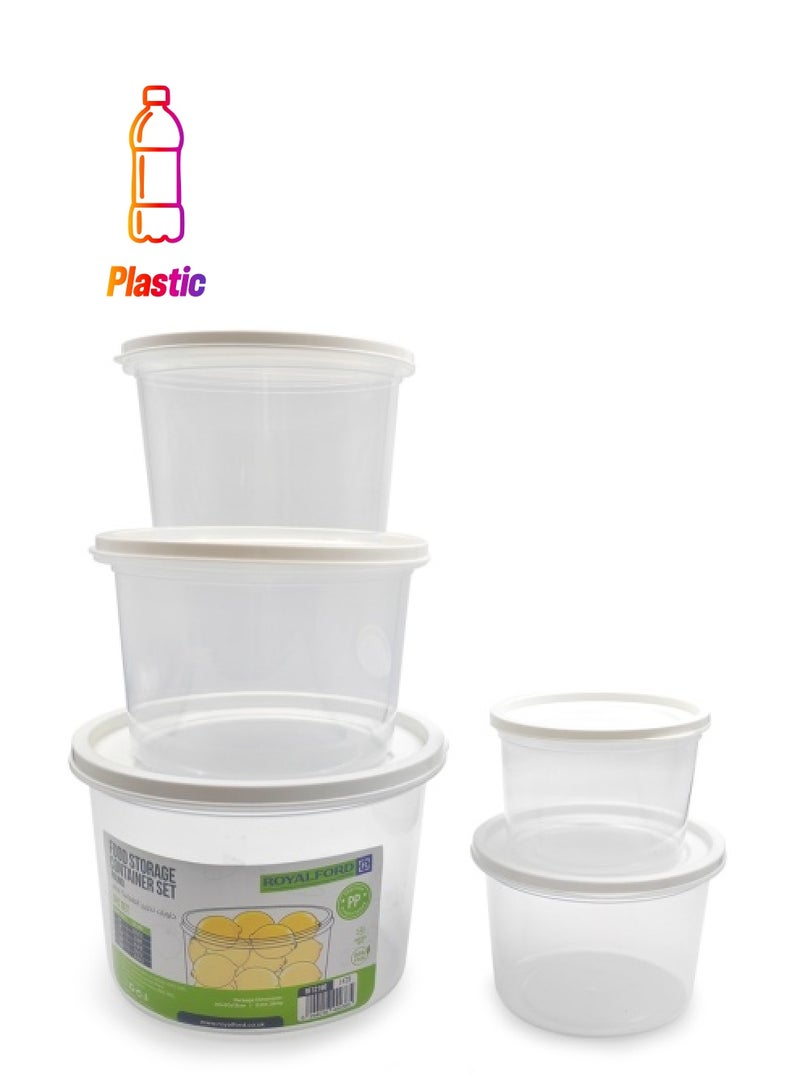 رويال فورد Royalford 5 Pieces Round Plastic Food Storage Containers - Rf12190 | 450Ml, 700Ml, 1100Ml, 1800Ml, 2800Ml, Leak-Proof, Leftovers, Marinades, And Dough. White With Transparent Body. Clear & White 