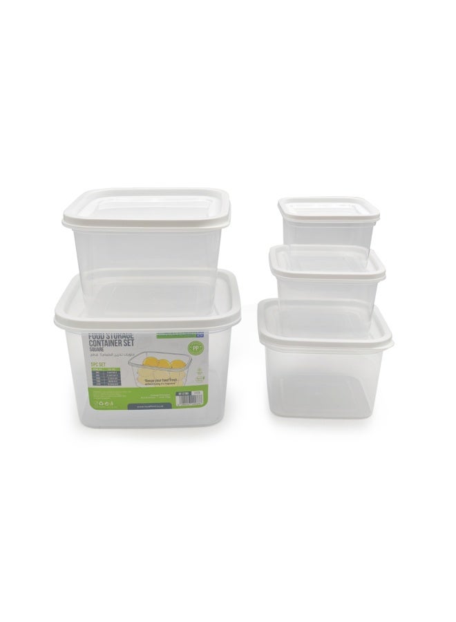 رويال فورد Royalford 5 Pieces Square Plastic Food Storage Containers - Rf12189 |360Ml, 620Ml, 1050Ml, 1700Ml, 2750Ml, Leak-Proof, Leftovers, Marinades, And Dough, White With Transparent Body. Clear & White  - Image 2