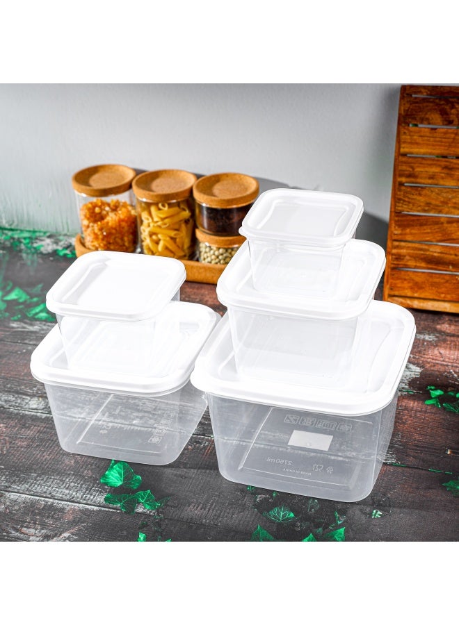 رويال فورد Royalford 5 Pieces Square Plastic Food Storage Containers - Rf12189 |360Ml, 620Ml, 1050Ml, 1700Ml, 2750Ml, Leak-Proof, Leftovers, Marinades, And Dough, White With Transparent Body. Clear & White  - Image 4