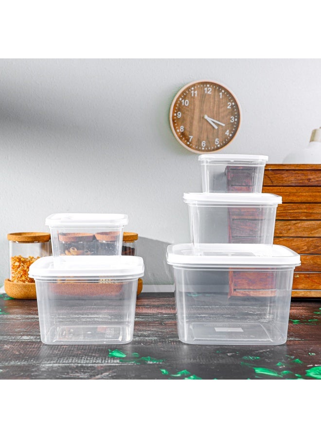 رويال فورد Royalford 5 Pieces Square Plastic Food Storage Containers - Rf12189 |360Ml, 620Ml, 1050Ml, 1700Ml, 2750Ml, Leak-Proof, Leftovers, Marinades, And Dough, White With Transparent Body. Clear & White  - Image 3