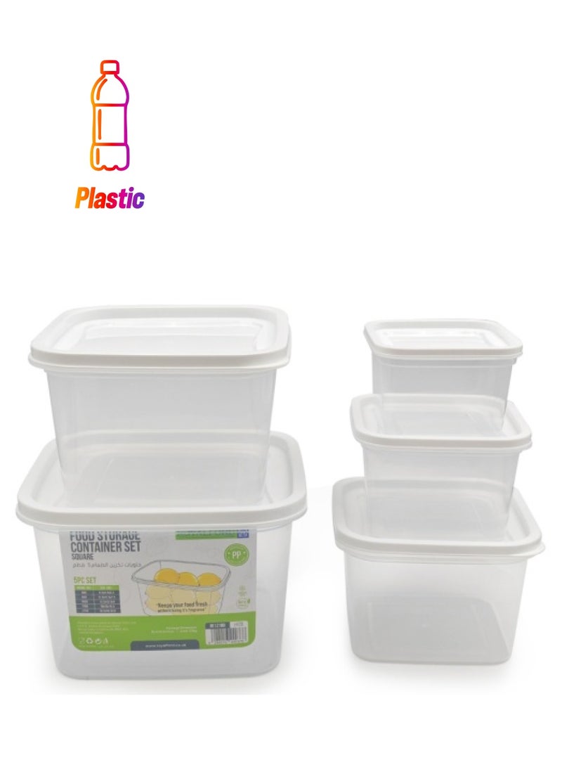 رويال فورد Royalford 5 Pieces Square Plastic Food Storage Containers - Rf12189 |360Ml, 620Ml, 1050Ml, 1700Ml, 2750Ml, Leak-Proof, Leftovers, Marinades, And Dough, White With Transparent Body. Clear & White  - Image 1