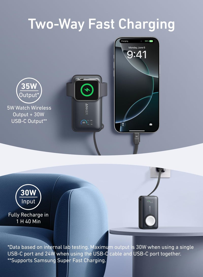 آنكر 10000 mAh 10000 mAh MagGo Power Bank for Apple Watch, Officially Certified 10,000mAh Compact Portable Charger with Built-In USB-C Cable, 35W Max Battery Pack, For iPhone 16/15 Series, iPad, AirPods, and More Black  - Image 3
