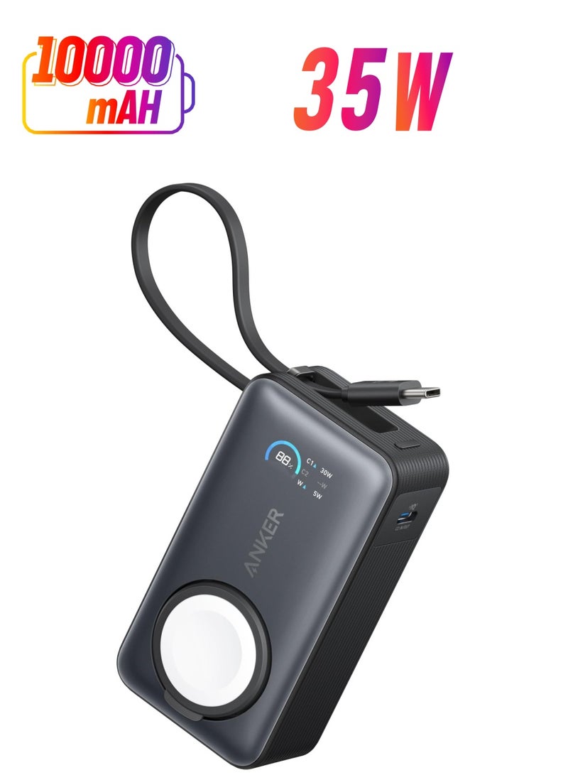 آنكر 10000 mAh 10000 mAh MagGo Power Bank for Apple Watch, Officially Certified 10,000mAh Compact Portable Charger with Built-In USB-C Cable, 35W Max Battery Pack, For iPhone 16/15 Series, iPad, AirPods, and More Black  - Image 1