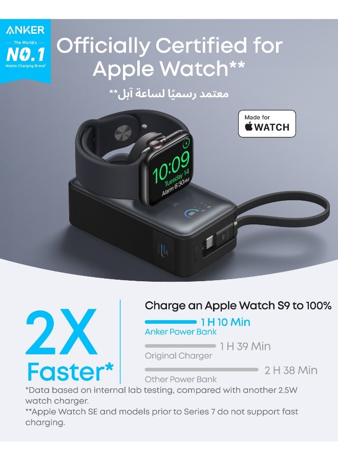 Anker 10000 mAh MagGo Power Bank for Apple Watch, Officially Certified 10,000mAh Compact Portable Charger with Built-In USB-C Cable, 35W Max Battery Pack, For iPhone 16/15 Series, iPad, AirPods, and More - Black  - Image 2