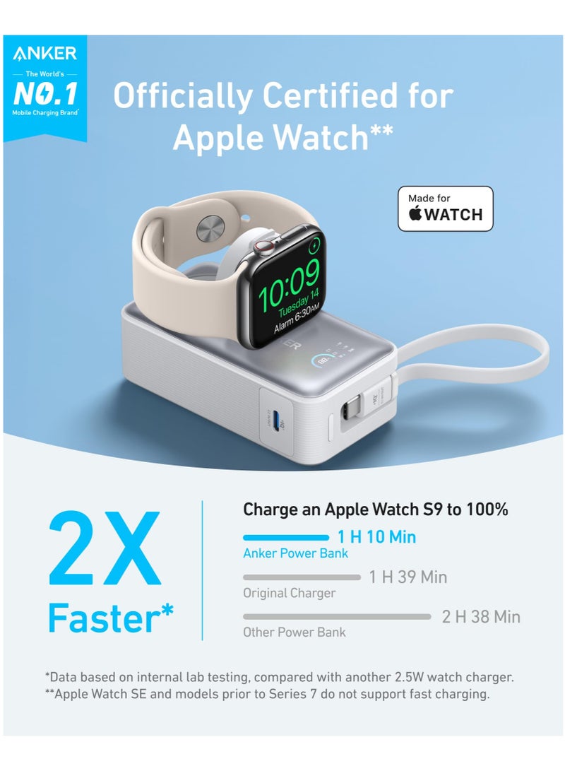 آنكر 10000 mAh MagGo Power Bank for Apple Watch, Officially Certified, 10,000 mAh Compact Battery Pack with Built-in USB-C Cable, 35W Max, for iPhone 16/15 Series, Samsung, iPad, AirPods and More White  - Image 2