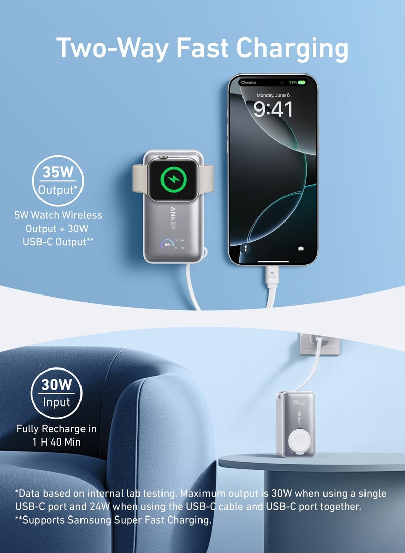 آنكر 10000 mAh MagGo Power Bank for Apple Watch, Officially Certified, 10,000 mAh Compact Battery Pack with Built-in USB-C Cable, 35W Max, for iPhone 16/15 Series, Samsung, iPad, AirPods and More White  - Image 3