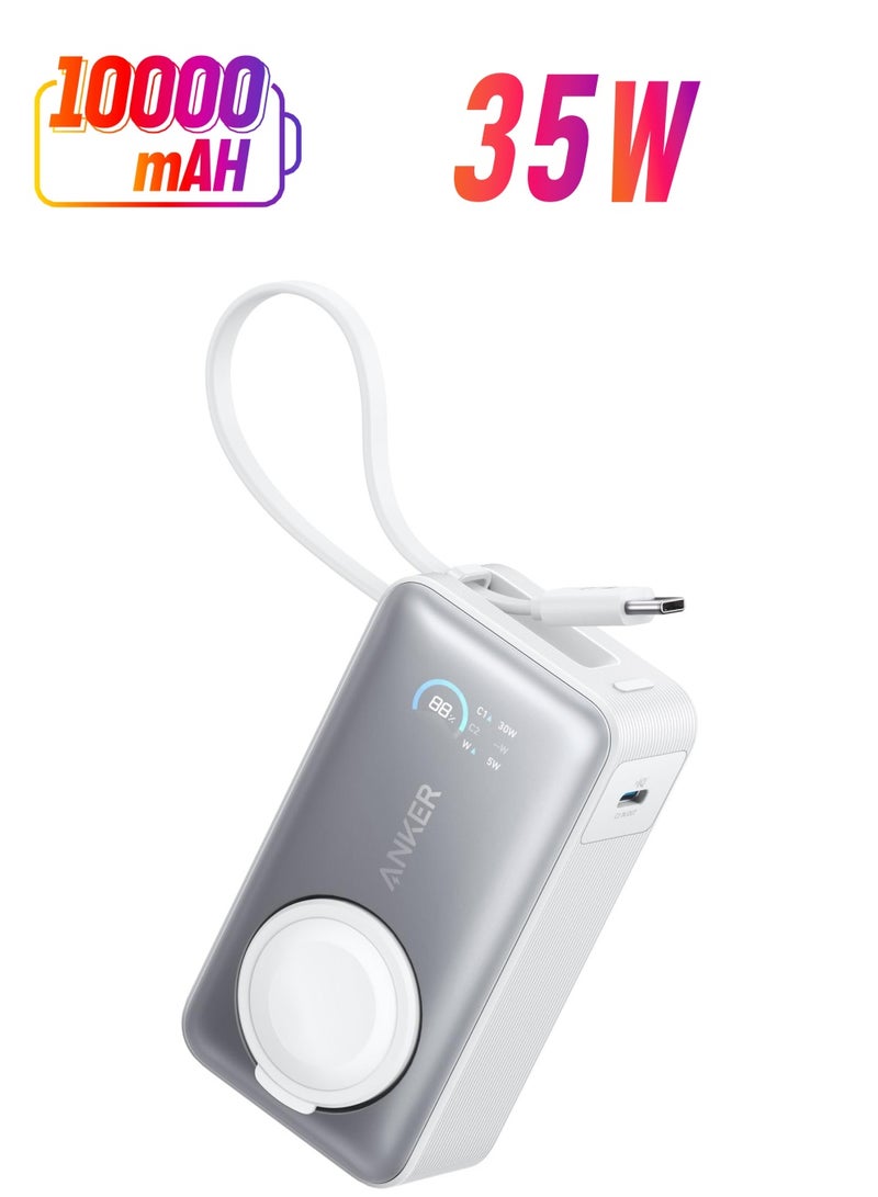 آنكر 10000 mAh MagGo Power Bank for Apple Watch, Officially Certified, 10,000 mAh Compact Battery Pack with Built-in USB-C Cable, 35W Max, for iPhone 16/15 Series, Samsung, iPad, AirPods and More White  - Image 1