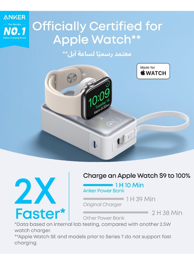 Anker 10000 mAh MagGo Power Bank for Apple Watch, Officially Certified, 10,000 mAh Compact Battery Pack with Built-in USB-C Cable, 35W Max, for iPhone 16/15 Series, Samsung, iPad, AirPods and More White  - Image 2