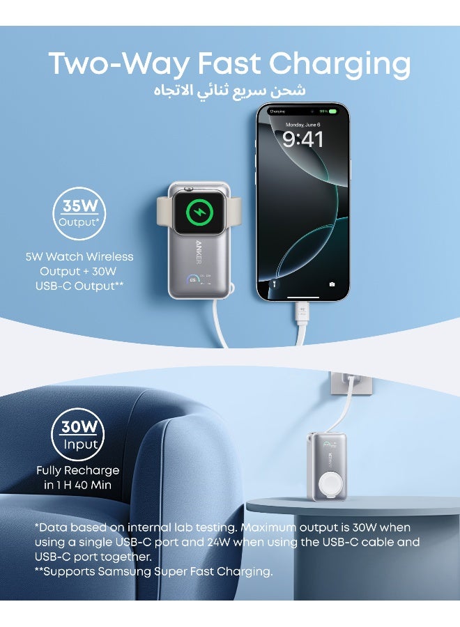 Anker 10000 mAh MagGo Power Bank for Apple Watch, Officially Certified, 10,000 mAh Compact Battery Pack with Built-in USB-C Cable, 35W Max, for iPhone 16/15 Series, Samsung, iPad, AirPods and More White  - Image 3