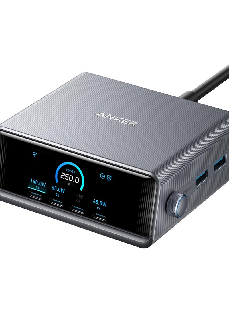 Anker - Prime 250W USB C Charger, Ultra-Fast 6-Port GaN Charging Station, 2.26" LCD Display and Smart Control Dial, Compatible with MacBook Pro/Air, iPhone 16/15/14, Huawei, Samsung, iPad and More - Silver - Image 1