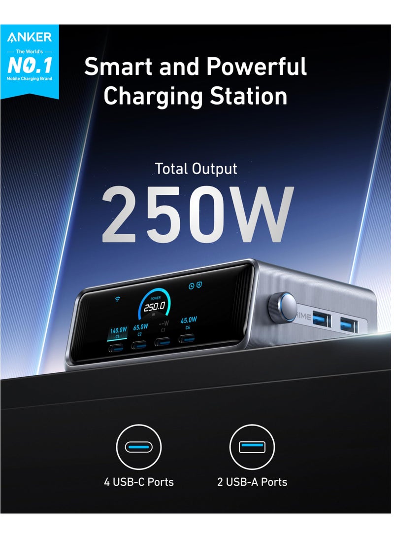 Anker - Prime 250W USB C Charger, Ultra-Fast 6-Port GaN Charging Station, 2.26" LCD Display and Smart Control Dial, Compatible with MacBook Pro/Air, iPhone 16/15/14, Huawei, Samsung, iPad and More - Silver - Image 1