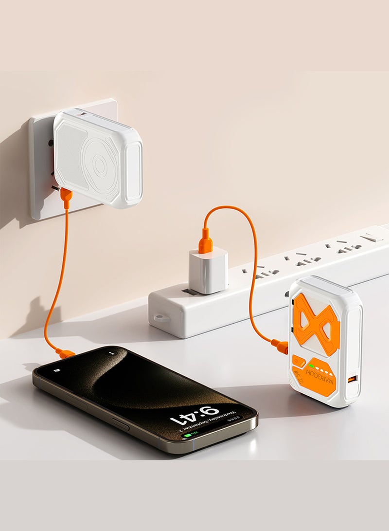 MARGOUN 10000 mAh Foldable AC Plug 22.5W Magnetic Wireless Power Bank Charger with Phone Holder White/Orange  - Image 4