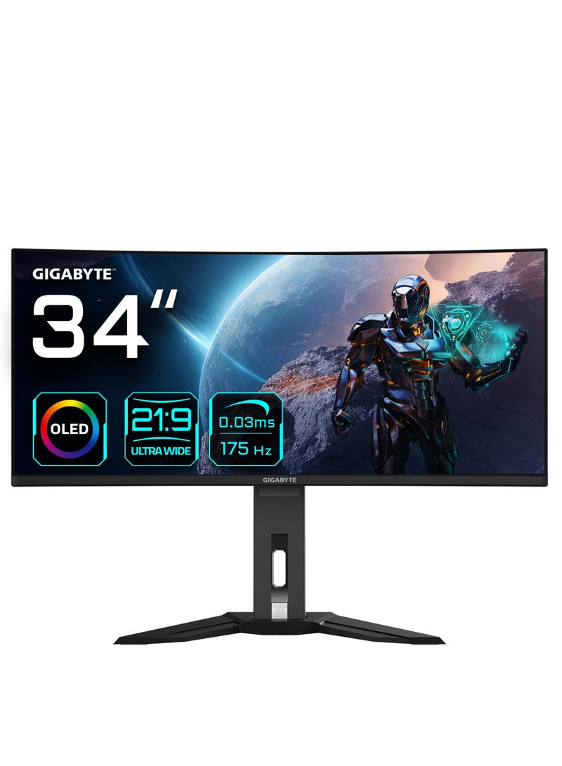 GIGABYTE MO34WQC Gaming Monitor, 34" QD-OLED Display, WQHD Resolution, 175Hz Refresh Rate, 0.03ms (GtG) Response Time, 1.07b Color Display, 1800R Curvature, Tactical Features, Black | MO34WQC-EK Black  - Image 1