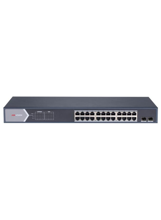 HIKVISION 24 Port Gigabit Smart POE Switch, 24Gigabit PoE Ports, 2Gigabit Fiber Optical Port, 300m Long Range PoE, 6KV Surge Protection, 56Gbps Switching Capacity, 400 W Max. Power Consumption, 4.1 Mbits, Metal, DS-3E1526P-SI Blue