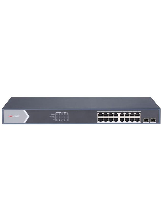 HIKVISION 16 Port Gigabit Smart POE Switch, 16Gigabit PoE Ports, 2Gigabit Fiber Optical Port, 300m Long Range PoE, 6KV Surge Protection, 56Gbps Switching Capacity, 250 W Max. Power Consumption, 4.1 Mbits, Metal, DS-3E1518P-SI Blue