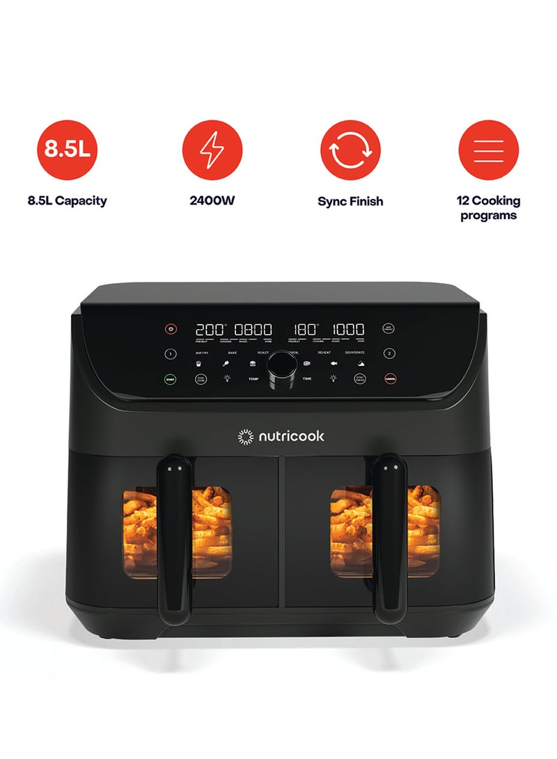nutricook Digital Air Fryer Duo Vision,8.5L Capacity with Clear Window & Internal Light, Independently Controlled Dual Baskets,6 Presets, Air Fry, Bake, Roast,Broil,Reheat&Dehydrate, 2 Years Warranty 8.5 L 2400 W NC-AFD185V Black - Image 1