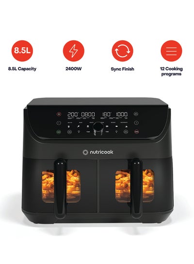 nutricook Digital Air Fryer Duo Vision,8.5L Capacity with Clear Window & Internal Light, Independently Controlled Dual Baskets,6 Presets, Air Fry, Bake, Roast,Broil,Reheat&Dehydrate, 2 Years Warranty 8.5 L 2400 W NC-AFD185V Black