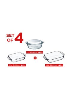 PYREX Set Of 4 Casserole (Round Casserole With Lid + 2 Rectangular Roaster) In Box 27x23 cm 3L / 31x20 cm 2.1L / 39x25 cm 3.8L Clear  - Image 1