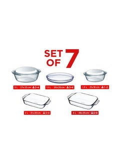Set Of 7 Casserole (2 Rectangular Roaster + 2 Round Casserole With Lid And Round Dessert Plate) In Box 27x23 CM 3L / 25x25 CM 1.1L / 21x18 CM 1.3L / 31x20 CM 2L / 39x25 CM 4L Clear