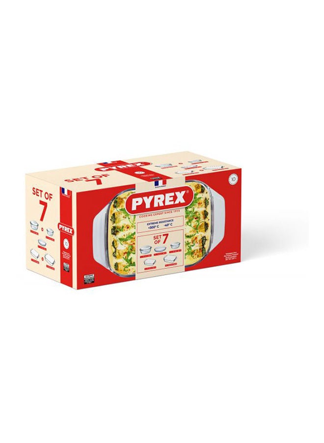 PYREX - Set Of 7 Casserole (2 Rectangular Roaster + 2 Round Casserole With Lid And Round Dessert Plate) In Box 27x23 CM 3L / 25x25 CM 1.1L / 21x18 CM 1.3L / 31x20 CM 2L / 39x25 CM 4L Clear - Image 1