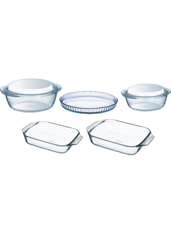 PYREX - Set Of 7 Casserole (2 Rectangular Roaster + 2 Round Casserole With Lid And Round Dessert Plate) In Box 27x23 CM 3L / 25x25 CM 1.1L / 21x18 CM 1.3L / 31x20 CM 2L / 39x25 CM 4L Clear - Image 1