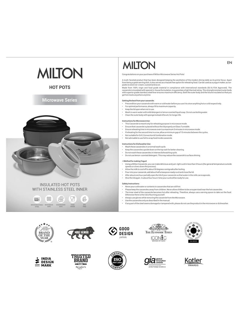 Milton - 3-Piece Microwave Safe Casserole Set (420ml, 850ml, 1.43L) Keeps Food Hot/Cold for Hours, Double-Walled Hotpot with Stainless Steel Inner, Perfect for Serving for biryani, Chapati - Ernesto Grey Set of 3 (420 ml, 850 ml, 1.43 litres) - Image 1