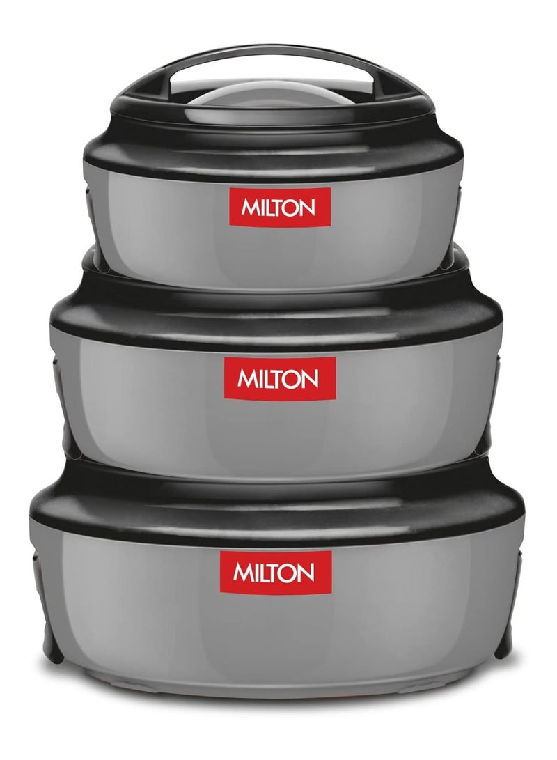 Milton - 3-Piece Microwave Safe Casserole Set (420ml, 850ml, 1.43L) Keeps Food Hot/Cold for Hours, Double-Walled Hotpot with Stainless Steel Inner, Perfect for Serving for biryani, Chapati - Ernesto Grey Set of 3 (420 ml, 850 ml, 1.43 litres) - Image 1