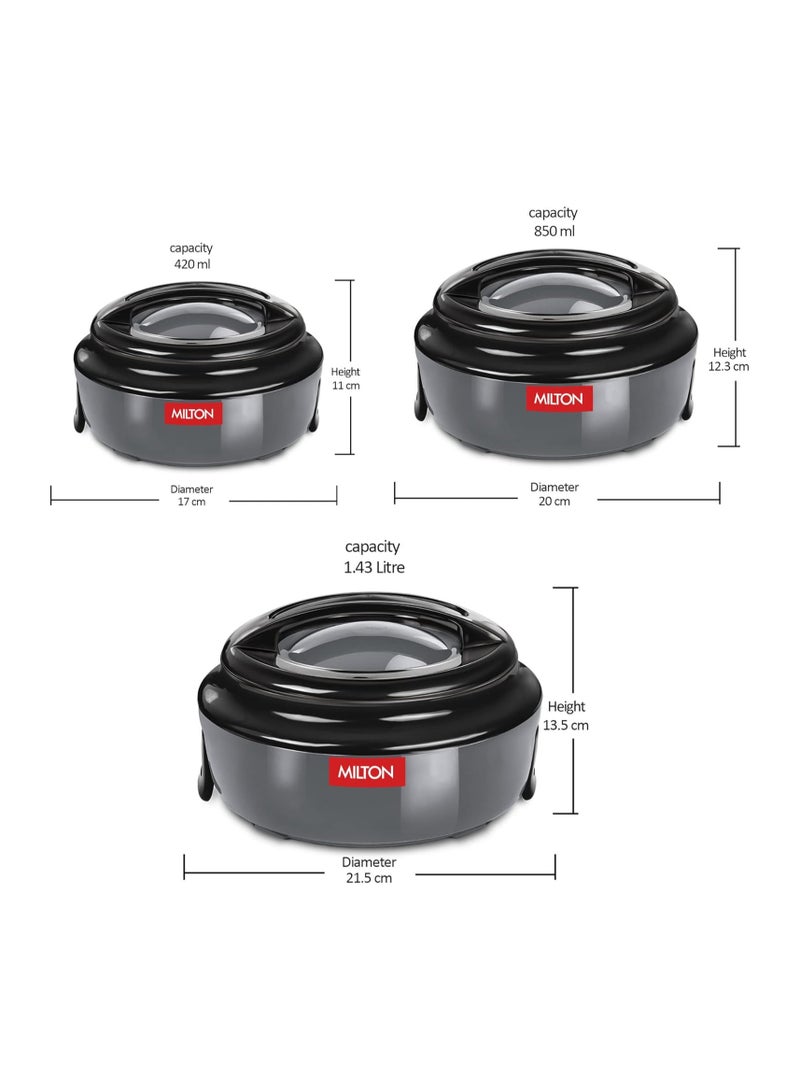 Milton - 3-Piece Microwave Safe Casserole Set (420ml, 850ml, 1.43L) Keeps Food Hot/Cold for Hours, Double-Walled Hotpot with Stainless Steel Inner, Perfect for Serving for biryani, Chapati - Ernesto Grey Set of 3 (420 ml, 850 ml, 1.43 litres) - Image 1