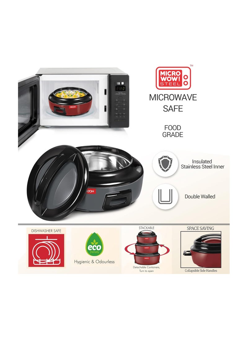 ميلتون طقم أطباق كاسرول آمن في الميكروويف من 3 قطع (420 مل، 850 مل، 1.43 لتر) يحافظ على الطعام ساخنًا/باردًا لساعات، وعاء ساخن مزدوج الجدران مع داخل من الفولاذ المقاوم للصدأ، مثالي لتقديم البرياني، الشباتي - إرنستو - Image 3