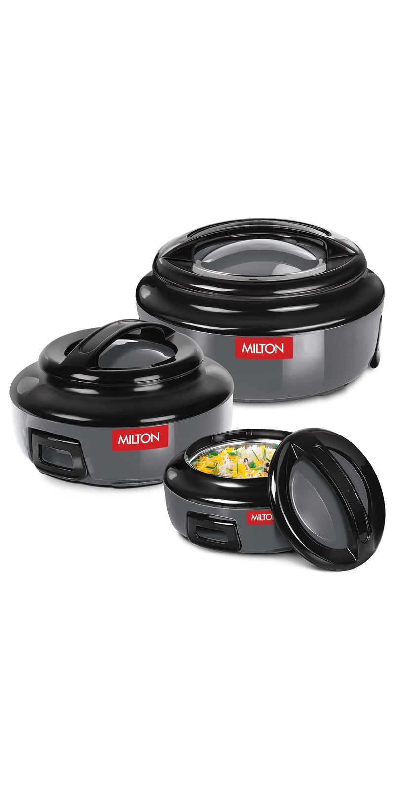Milton 3-Piece Microwave Safe Casserole Set (420ml, 850ml, 1.43L) Keeps Food Hot/Cold for Hours, Double-Walled Hotpot with Stainless Steel Inner, Perfect for Serving for biryani, Chapati - Ernesto Grey Set of 3 (420 ml, 850 ml, 1.43 litres) - Image 1