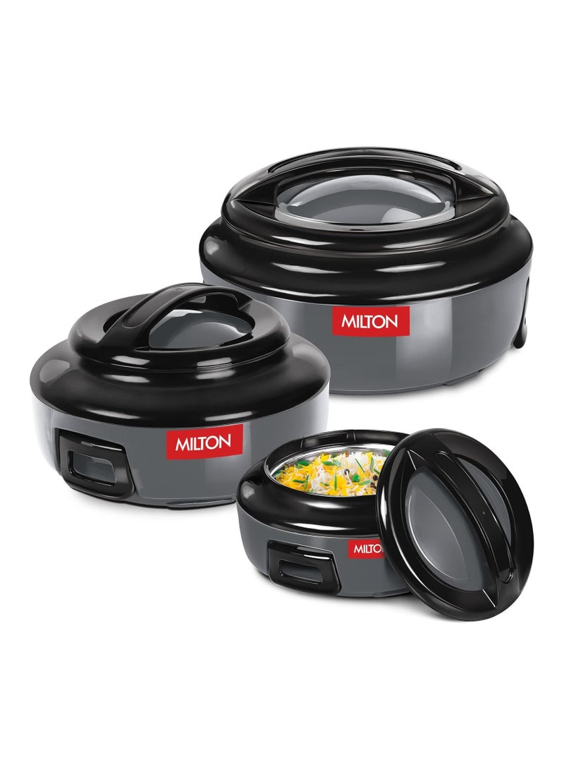 ميلتون طقم أطباق كاسرول آمن في الميكروويف من 3 قطع (420 مل، 850 مل، 1.43 لتر) يحافظ على الطعام ساخنًا/باردًا لساعات، وعاء ساخن مزدوج الجدران مع داخل من الفولاذ المقاوم للصدأ، مثالي لتقديم البرياني، الشباتي - إرنستو - Image 1