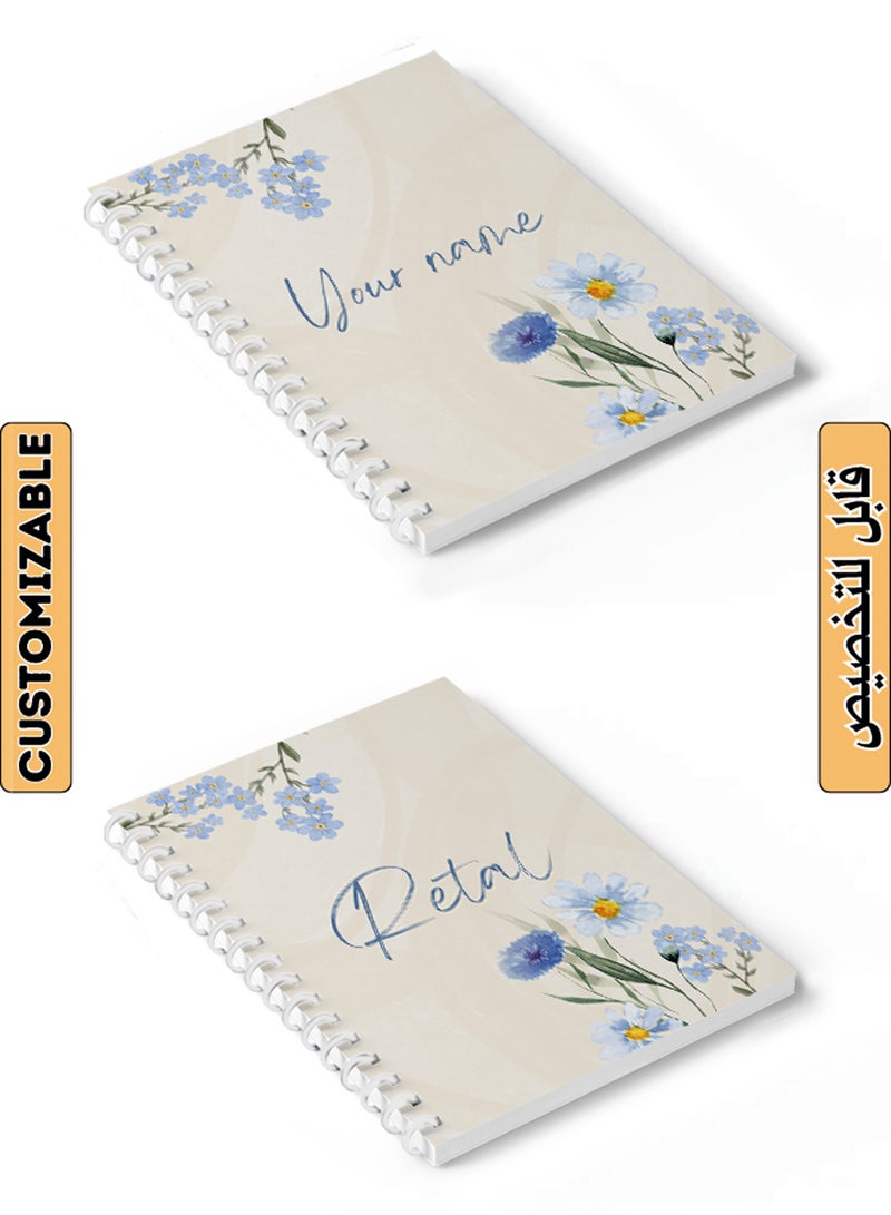 LOWHA - Customizable 60 Sheet Spiral Notebook Personalized with Your Name on Blue Flowers Hard Paper Cover Multicolour - Image 1