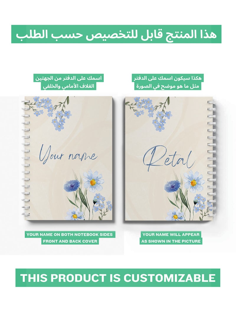 LOWHA - Customizable 60 Sheet Spiral Notebook Personalized with Your Name on Blue Flowers Hard Paper Cover Multicolour - Image 1